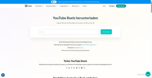 Security scan screenshot of https://publer.com/tools/youtube-reel-downloader