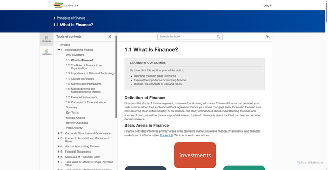 Security scan screenshot of https://openstax.org/books/principles-finance/pages/1-1-what-is-finance