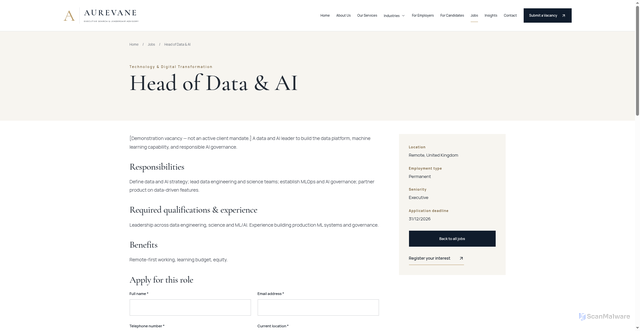 Security scan screenshot of https://aurevanesearch.com/jobs/head-of-data-ai