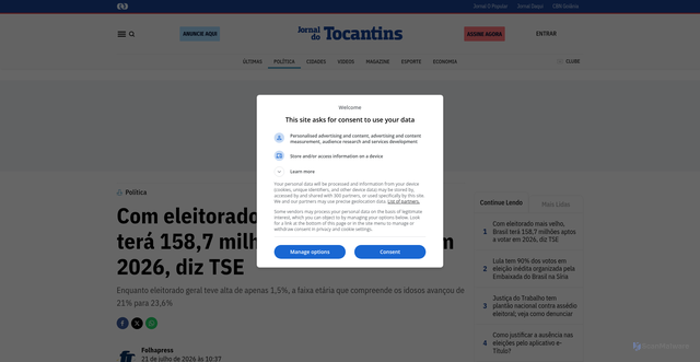 Security scan screenshot of https://www.jornaldotocantins.com.br/politica/eleicoes/com-eleitorado-mais-velho-brasil-tera-158-7-milh-es-aptos-a-votar-em-2026-diz-tse-1.3435379