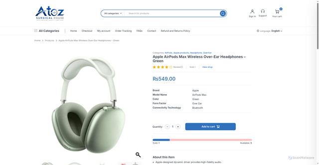 Security scan screenshot of https://atozsurgcialhouse.store/product/apple-airpods-max-wireless-over-ear-headphones-green/