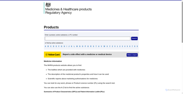 Security scan screenshot of https://products.mhra.gov.uk
