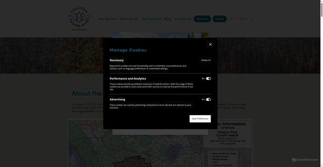 Security scan screenshot of https://www.poudrewatershed.org/cameronpeakfire