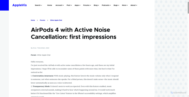 Security scan screenshot of https://www.applevis.com/forum/other-apple-chat/airpods-4-active-noise-cancellation-first-impressions