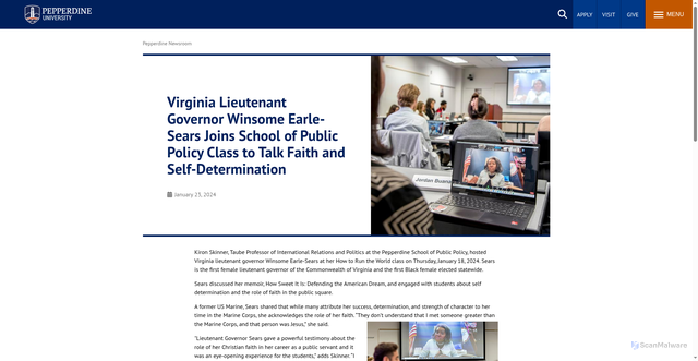 Security scan screenshot of https://www.pepperdine.edu/newsroom/articles/virginia-lieutenant-governor-winsome-earle-sears-joins-school-of-public-policy-class-to-talk-faith-and-self-determination.htm