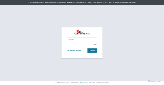 Security scan screenshot of https://myfcb.firstcommunitybank.com/
