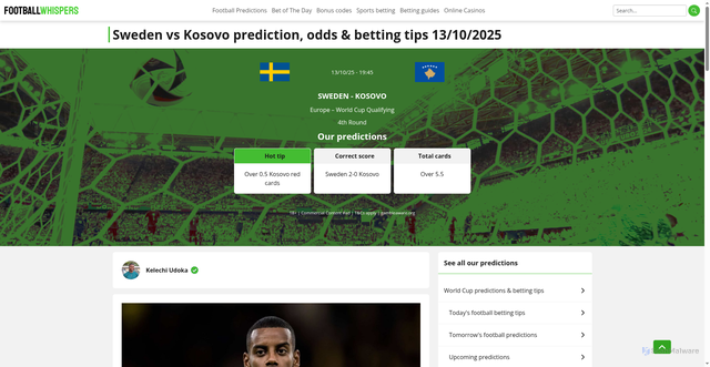 Security scan screenshot of https://footballwhispers.com/blog/sweden-vs-kosovo-prediction-13-10-2025/