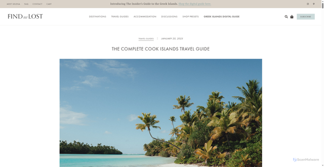 Security scan screenshot of https://finduslost.com/cook-islands-travel-guide/