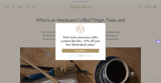 Security scan screenshot of https://methodicalcoffee.com/blogs/coffee-culture/what-is-an-americano-coffee-origin-taste-and-how-to-enjoy?srsltid=AfmBOooJ3wpCb5mJ-3Vizhlk0VhLKZfmxpzGFYkb5tzHOy5SX9CiYh4t