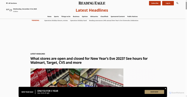 Security scan screenshot of https://www.readingeagle.com/2023/12/29/what-stores-are-open-and-closed-for-new-years-eve-2023-see-hours-for-walmart-target-cvs-and-more/