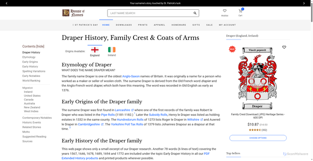 Security scan screenshot of https://www.houseofnames.com/draper-family-crest