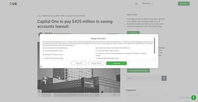 Security scan screenshot of https://due.com/capital-one-to-pay-425-million-in-saving-accounts-lawsuit/