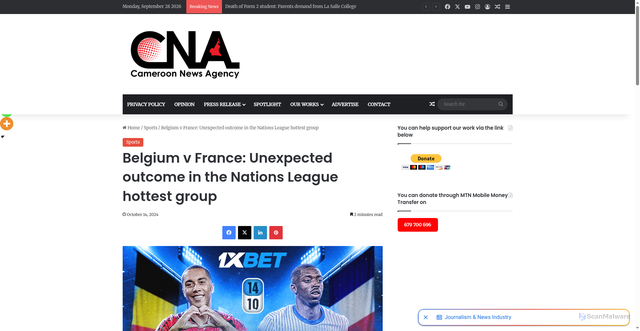 Security scan screenshot of https://cameroonnewsagency.com/belgium-v-france-unexpected-outcome-in-the-nations-league-hottest-group/