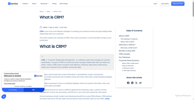 Security scan screenshot of https://www.lemlist.com/blog/what-is-crm