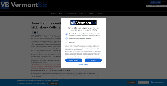 Security scan screenshot of https://vermontbiz.com/news/2025/october/23/search-efforts-continue-missing-middlebury-college-student-lia-smith