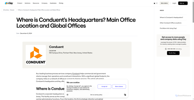 Security scan screenshot of https://www.clay.com/dossier/conduent-headquarters-office-locations