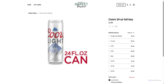 Security scan screenshot of https://www.campbellsmarketbasket.net/product/coors-24-oz-tall-boy/1064