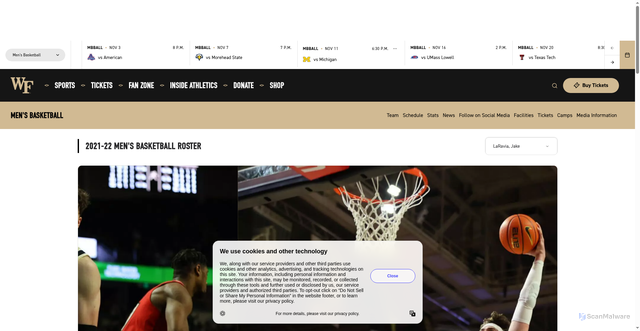 Security scan screenshot of https://godeacs.com/sports/mens-basketball/roster/jake-laravia/6353