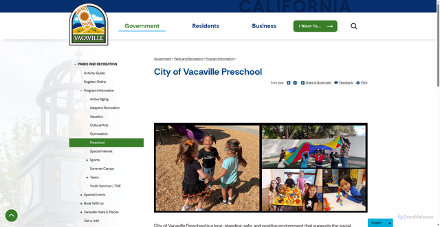 Security scan screenshot of https://www.cityofvacaville.gov/government/parks-and-recreation/recreation-programs/preschool
