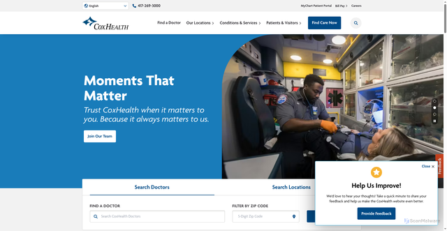 Security scan screenshot of https://coxhealth.com