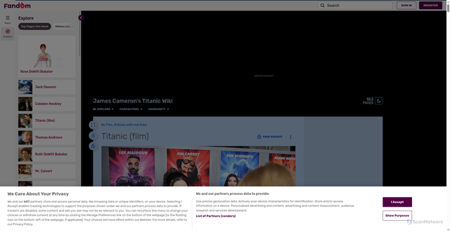 Security scan screenshot of https://jamescameronstitanic.fandom.com/wiki/Titanic_(film)