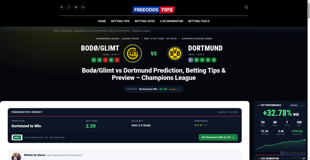Security scan screenshot of https://freeoddstips.com/bodo-glimt-vs-dortmund-prediction/