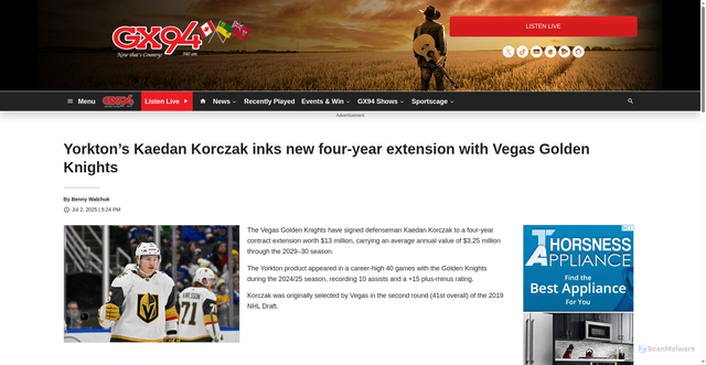 Security scan screenshot of https://www.gx94radio.com/2025/07/02/yorktons-kaedan-korczak-inks-new-four-year-extension-with-vegas-golden-knights/