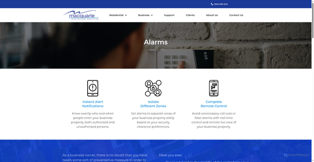Security scan screenshot of https://macquariesecurity.com.au/business/alarms/
