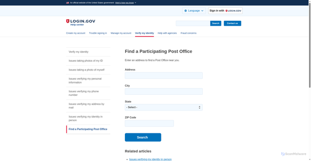 Security scan screenshot of https://www.login.gov/help/verify-your-identity/verify-your-identity-in-person/find-a-participating-post-office/