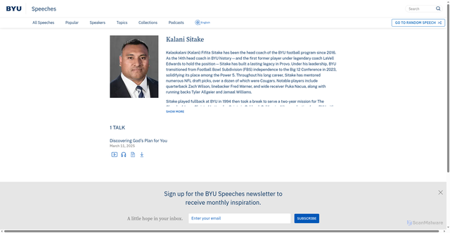 Security scan screenshot of https://speeches.byu.edu/speakers/kalani-sitake/