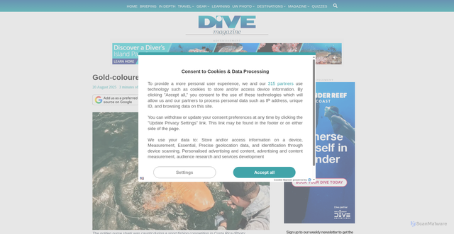 Security scan screenshot of https://divemagazine.com/scuba-diving-news/gold-coloured-nurse-shark-caught-in-caribbean