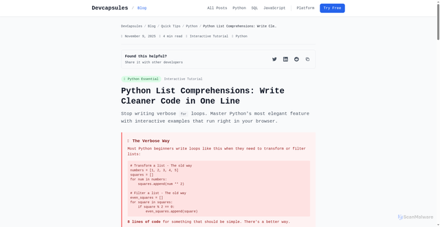 Security scan screenshot of https://codecapsule-dashboard.pages.dev/blog/python-list-comprehensions/