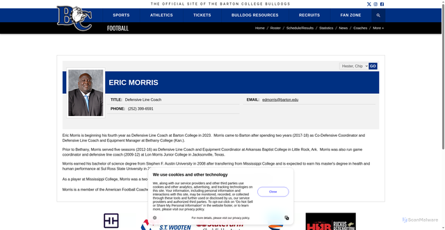 Security scan screenshot of https://bartonbulldogs.com/sports/football/roster/coaches/eric-morris/164