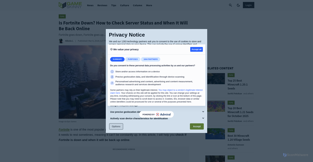 Security scan screenshot of https://www.gameskinny.com/tips/is-fortnite-down-server-status/