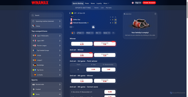 Security scan screenshot of https://www.winamax.es/en/sports-betting/match/74105994/685801336/2130115423