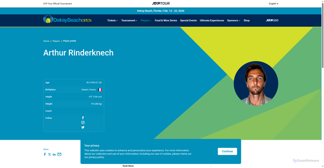 Security scan screenshot of https://www.delraybeachopen.com/en/players/arthur-rinderknech/rc91