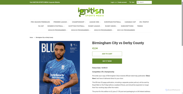 Security scan screenshot of https://www.ignitionsportsmedia.com/products/birmingham-city-vs-derby-county