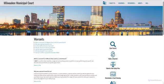 Security scan screenshot of https://municipalcourt.milwaukee.gov/faq/warrants