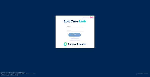 Security scan screenshot of https://epiccarelink.corewellhealth.org