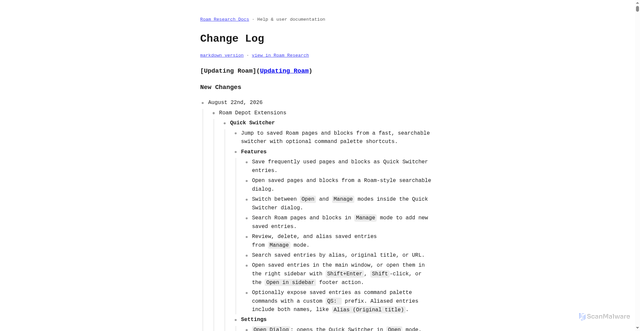 Security scan screenshot of https://roam-docs.pages.dev/help/change-log