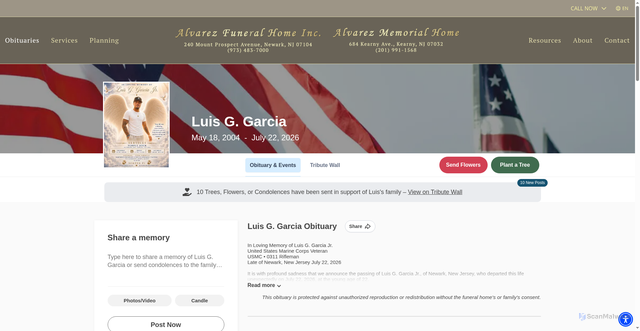 Security scan screenshot of https://www.alvarezfuneralhome.com/obituaries/Luis-G-Garcia-Jr?obId=49098471