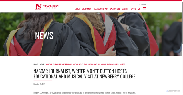 Security scan screenshot of https://www.newberry.edu/news/nascar-journalist-writer-monte-dutton-hosts-educational-and-musical-visit-a