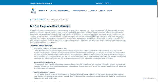 Security scan screenshot of https://www.cliniclegal.org/resources/ten-red-flags-sham-marriage