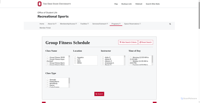 Security scan screenshot of https://recsports.osu.edu/fms/groupfitness