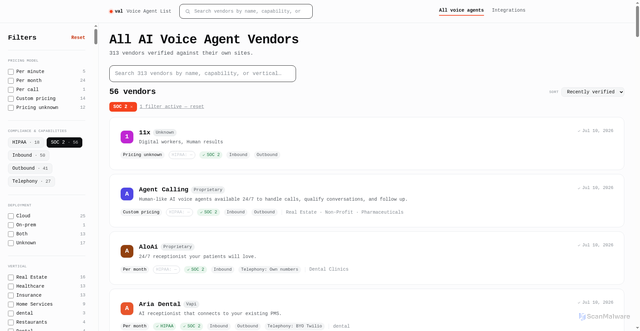 Security scan screenshot of https://voiceagentlist.com/vendors?soc2=1