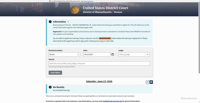 Security scan screenshot of https://forms.mad.uscourts.gov/courtlist/