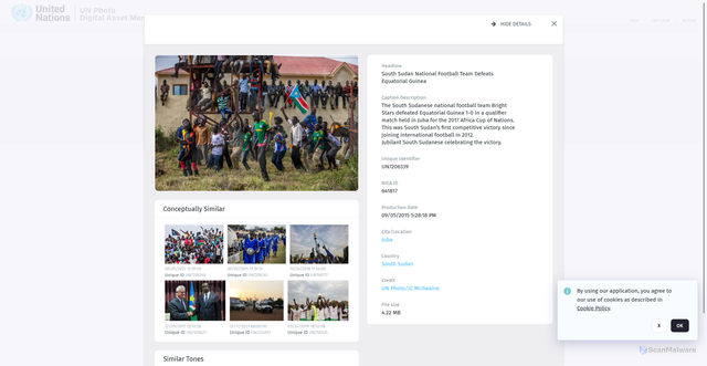 Security scan screenshot of https://dam.media.un.org/archive/South-Sudan-National-Football-team-plays-Equatorial-Guinea--2AM9LO4M12V3.html