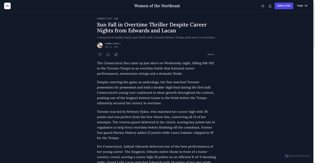 Security scan screenshot of https://womenofthenortheast.substack.com/p/sun-fall-in-overtime-thriller-despite