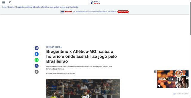 Security scan screenshot of https://www.romanews.com.br/esportes/bragantino-x-atletico-mg-saiba-o-horario-e-onde-assistir-ao-jogo-pelo-brasileirao-0226