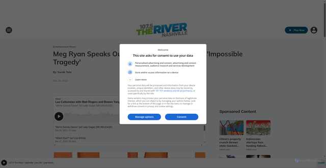 Security scan screenshot of https://1075theriver.iheart.com/content/2025-12-18-meg-ryan-speaks-out-on-death-of-rob-reiner-impossible-tragedy/